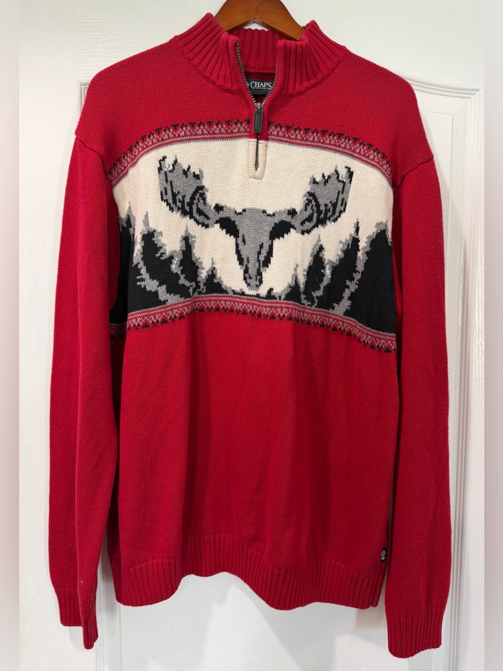 Chaps Men's 1/4 Zip sweater Holliday Moose Red XXL
